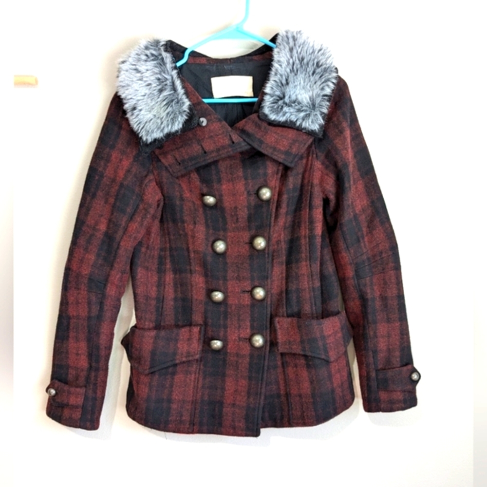 Rebecca Minkoff Wool Buffalo Check Plaid Double Breast Fur Collar Peacoat M